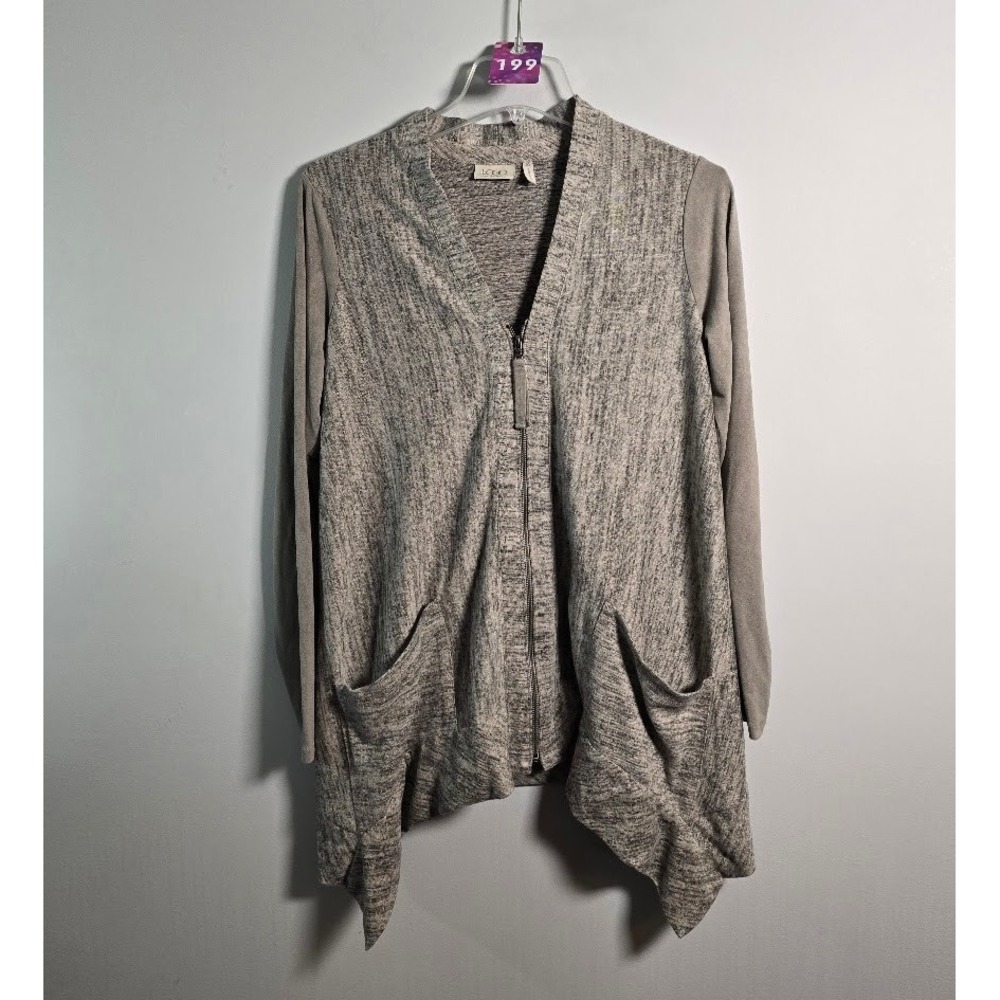 LOGO Lori Goldstein Womens Cardigan Gray Space Dye Zip Front Sharkbite Hem Sz XS